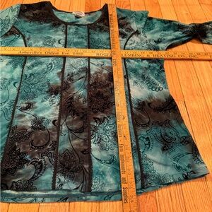 Teal and Black Floral Velvet Burnout Long Sleeve Top Whimsigoth Fairycore
